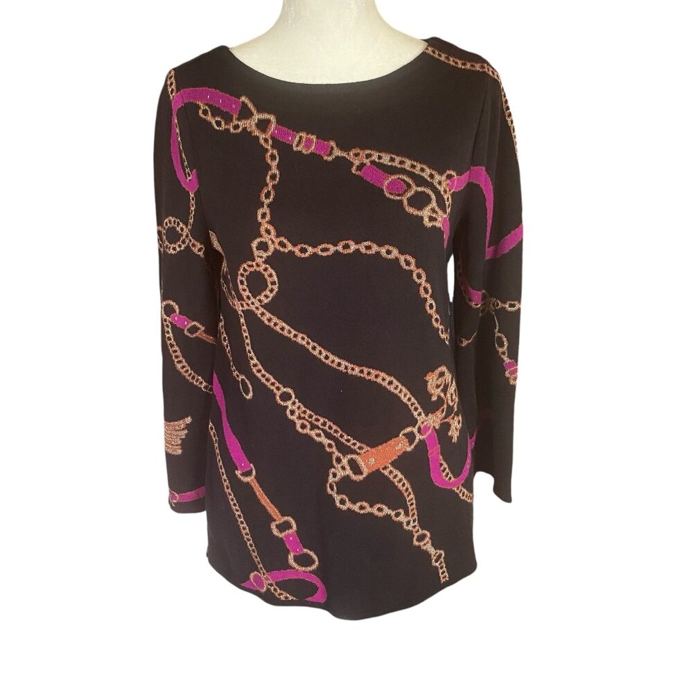 Chico's women's size 0 black pink and gold long sleeve stretchy sweater pullover